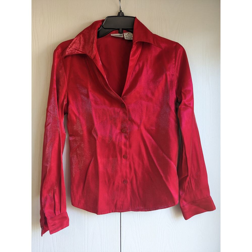 Liz Baker Shiny Red Satin Button-Up Shirt